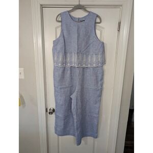 Lands End 16W Blue Linen Blend‎ Eyelet Tiered Cropped Jumpsuit Women's coastal